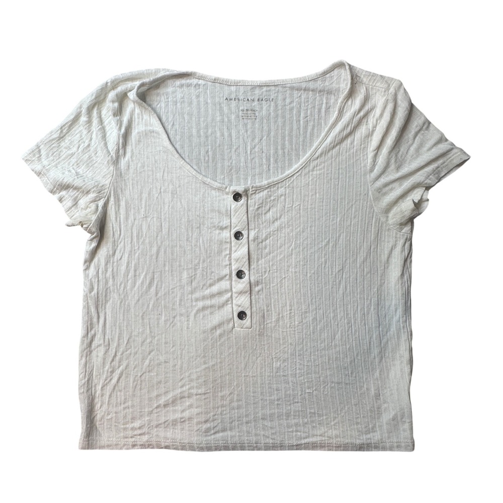 American Eagle Top Womens XS White Henley Ribbed Short Sleeve Scoop Neck Stretch
